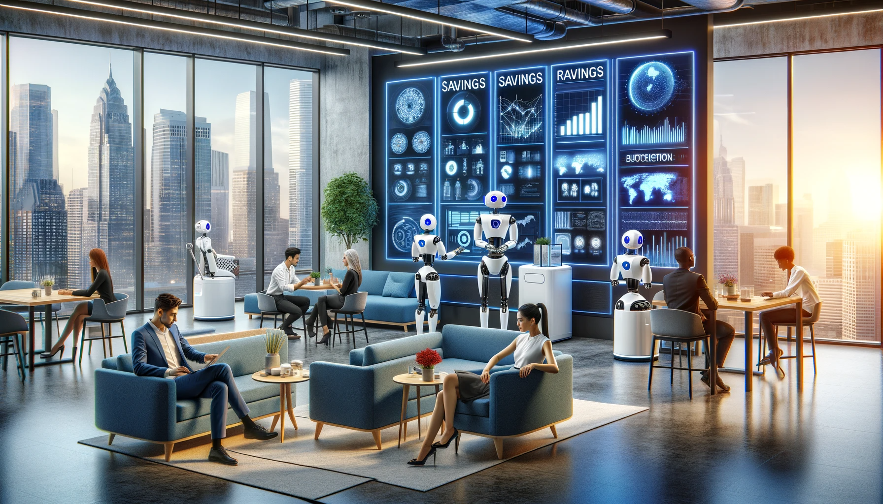 A futuristic workspace illustrating the synergy between Artificial Intelligence and business efficiency. The scene features AI-powered robots collaborating with humans.