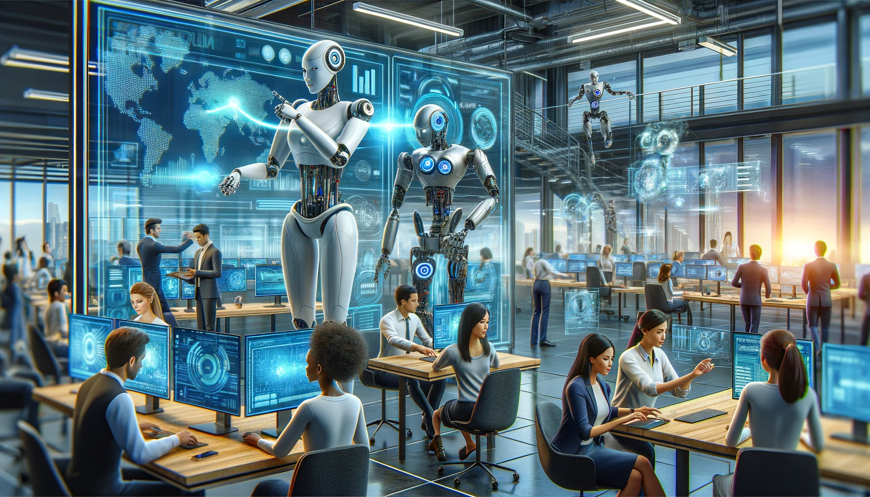 A modern enterprise office setting showcasing Artificial Intelligence and business automation. The scene includes autonomous machines efficiently performing repetitive tasks.